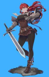 Rule 34 | 1girl, armor, belt, blue background, boots, breasts, capelet, commentary request, full body, gauntlets, hair ribbon, highres, holding, holding sword, holding weapon, jun (navigavi), leather armor, long hair, medieval, original, pantyhose, red hair, ribbon, sheath, signature, simple background, sky, solo, sword, twintails, weapon
