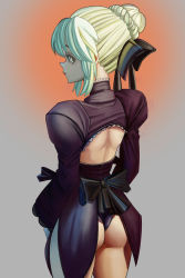 Rule 34 | 1girl, absurdres, artoria pendragon (all), artoria pendragon (fate), ass, back, black bow, black panties, blonde hair, bow, coattails, commentary, english commentary, fate/stay night, fate (series), from behind, green eyes, hair bow, hair bun, hair pulled back, highres, lipstick, looking back, makeup, no bra, nose, panties, revealing clothes, saber alter, short hair, side slit, single hair bun, solo, tumtumisu, underwear