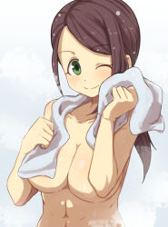 Rule 34 | 10s, 1girl, breasts, brown hair, closed mouth, collarbone, commentary request, gazacy (dai), green eyes, highres, idolmaster, idolmaster cinderella girls, large breasts, long hair, looking at viewer, naked towel, one eye closed, ponytail, shiny skin, smile, solo, towel, upper body, wet, yamato aki