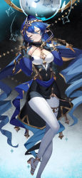 Rule 34 | 1girl, black gloves, blue hair, blue hood, blue sleeves, breasts, closed eyes, detached sleeves, dress, drill hair, facing viewer, foot out of frame, genshin impact, gloves, gold footwear, gold trim, gradient background, hair between eyes, hands up, high heels, highres, hood, hood up, jewelry, juliet sleeves, large breasts, layla (genshin impact), legs, long hair, long sleeves, multicolored clothes, pants, parted lips, partially fingerless gloves, pillarboxed, pointy ears, puffy sleeves, scottie (phantom2), sidelocks, sleeveless, sleeveless dress, solo, sparkle background, star (symbol), starry background, thighlet, very long hair, white pants