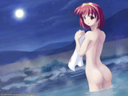 Rule 34 | 1girl, ass, bow, hairband, kamigishi akari, moon, nude, official art, official wallpaper, onsen, red eyes, red hair, ribbon, solo, to heart, to heart (series), towel, yellow bow