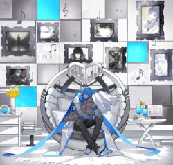 Rule 34 | 1boy, absurdres, bad id, bad pixiv id, ball chair, beamed eighth notes, black pants, blue eyes, blue hair, blue scarf, book, book stack, calendar (object), coat, colored skin, commentary, drinking straw, eighth note, flower, food, framed image, fruit, graphic equalizer, heart, highres, holding, holding toy, ice cream bar, ice cream cone, kaito (vocaloid), kazenemuri, lemon, lemon slice, light smile, looking at viewer, male focus, musical note, hugging object, oversized food, oversized object, pants, photo (object), picture frame, quarter note, scarf, sitting, sixteenth note, solo, song request, stuffed toy, table, toy, treble clef, tropical drink, vase, vocaloid, waffle cone, white coat, white footwear, white skin, wide shot, yellow flower