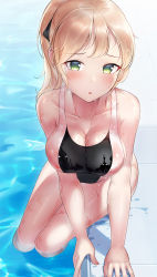 Rule 34 | 1girl, :o, blonde hair, breasts, cleavage, competition swimsuit, green eyes, highres, in water, large breasts, leaning forward, legs together, looking at viewer, one-piece swimsuit, original, ponytail, pool, poolside, see-through, shirosaba, skin tight, skindentation, solo, swimsuit, wet, wet clothes