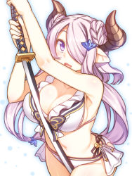 Rule 34 | 10s, 1girl, :d, armpits, bikini, blush, breasts, cleavage, cowboy shot, draph, frilled bikini, frills, granblue fantasy, hair ornament, hair over one eye, highres, horns, katana, large breasts, light purple hair, long hair, looking at viewer, low-tied long hair, low tied hair, narmaya (granblue fantasy), narmaya (summer) (granblue fantasy), open mouth, pointy ears, purple eyes, racer (magnet), sideboob, smile, solo, swimsuit, sword, unsheathed, weapon, white bikini