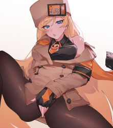 Rule 34 | 1girl, blonde hair, blue eyes, coat, fingerless gloves, fur hat, gloves, guilty gear, guilty gear strive, hat, highres, jacket, jacket partially removed, kurokiri6630, long hair, looking at viewer, masturbation, millia rage, open mouth, pantyhose, russian clothes, sleeveless, trench coat, ushanka, very long hair