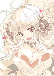 Rule 34 | 1girl, anila (granblue fantasy), blonde hair, blunt bangs, blush, breasts, brown eyes, cleavage, draph, fur collar, gloves, granblue fantasy, heart, horns, kamizuki shiki, large breasts, long hair, muted color, open mouth, sheep horns, short eyebrows, smile, solo, thick eyebrows