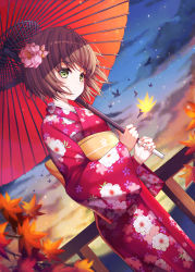 Rule 34 | 1girl, absurdres, alternate hair length, alternate hairstyle, autumn, autumn leaves, bird, brown hair, closed mouth, cloud, commentary request, dutch angle, fence, floral print, flower, frown, green eyes, hair flower, hair ornament, highres, holding, hyangu, japanese clothes, kimono, long sleeves, momiji (makuran), original, outdoors, red kimono, shaded face, shadow, short hair, sky, solo, sparkle, standing, sunset, umbrella, wide sleeves, wooden fence, yukata