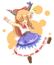 Rule 34 | &gt; &lt;, 1girl, armpits, belt, blush, bow, chibi, clenched hand, clenched hands, closed eyes, fang, female focus, hair bow, horn ornament, horn ribbon, horns, ibuki suika, long hair, orange hair, outstretched arms, pila-pela, ponytail, ribbon, shirt, skirt, sleeveless, sleeveless shirt, solo, touhou, wrist cuffs, wristband