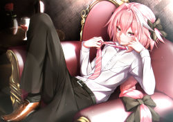 Rule 34 | 1boy, alcohol, armchair, astolfo (fate), black bow, black pants, black socks, blush, bottle, bow, braid, braided ponytail, brown footwear, chair, cup, drinking glass, fang, fate/grand order, fate (series), flower, hair bow, hair intakes, highres, looking at viewer, loose necktie, male focus, multicolored hair, necktie, pants, pink eyes, pink hair, pink necktie, reclining, rose, shirt, shirt tucked in, single braid, skin fang, smile, smirk, socks, solo, striped necktie, table, takatun223, trap, vase, white hair, white shirt, wine, wine bottle, wine glass