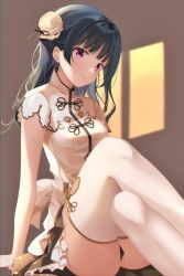 Rule 34 | 1girl, alternate costume, bare arms, blue hair, blunt bangs, blush, bun cover, china dress, chinese clothes, closed mouth, crossed legs, depe, dress, hair bun, highres, long hair, looking at viewer, love live!, love live! sunshine!!, red eyes, short dress, short sleeves, side bun, single side bun, sitting, smile, solo, thighhighs, tsushima yoshiko, white dress, white thighhighs