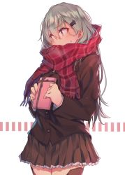 Rule 34 | 10s, 1girl, blush, box, breath, brown jacket, brown skirt, buttons, commentary request, covered mouth, gift, gift box, green hair, highres, jacket, kantai collection, long hair, long sleeves, red scarf, scarf, school uniform, simple background, skirt, solo, soukou makura, standing, suzuya (kancolle), sweat, white background, yellow eyes