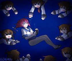 Rule 34 | 10s, 6+girls, :3, :d, ahoge, brown hair, cellphone, clone, dated, closed eyes, folded ponytail, hair ribbon, hamu koutarou, i-168 (kancolle), inazuma (kancolle), kantai collection, long sleeves, looking at viewer, multiple girls, necktie, open mouth, phone, pink hair, plasma-chan (kancolle), ribbon, sailor collar, sandals, school swimsuit, school uniform, serafuku, smartphone, smile, solid circle eyes, swimsuit, swimsuit under clothes, underwater