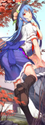 Rule 34 | 1girl, ass, autumn leaves, blue hair, blue sky, boots, day, food, fruit, hat, hinanawi tenshi, knee boots, looking at viewer, looking back, neropaso, peach, red eyes, rock, sash, shirt, skirt, sky, solo, touhou, tree