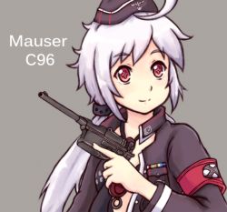 Rule 34 | 1girl, ahoge, armband, bikini, black bikini, c96 (girls&#039; frontline), character name, commentary, english commentary, girls&#039; frontline, grey background, gun, handgun, hat, holding, holding gun, holding weapon, jacket, long hair, long sleeves, mauser c96, messy hair, necktie, open clothes, open jacket, red eyes, sidelocks, silver hair, smile, solo, swimsuit, symbol-shaped pupils, trigger discipline, upper body, weapon, xypherzx