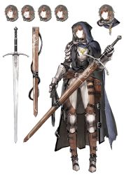 Rule 34 | 1girl, absurdres, angry, armor, belt, boots, buckle, character sheet, claymore (sword), cloak, expressions, gauntlets, grey hair, happy, highres, holding, holding weapon, hood, jewelry, jun (navigavi), long hair, necklace, original, red eyes, scabbard, sheath, smile, solo, sword, weapon