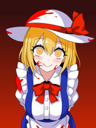 Rule 34 | 1girl, absurdres, apron, arms behind back, blonde hair, blood, blood on clothes, blood on face, blood on hat, blue dress, bow, constricted pupils, dress, eyelashes, frills, hat, hat ribbon, highres, kana anaberal, puffy short sleeves, puffy sleeves, ribbon, short hair, short sleeves, smile, ssaf52913778, touhou, touhou (pc-98), yellow eyes