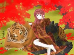Rule 34 | 1girl, barefoot, feet, japanese clothes, juuni kokuki, kimono, long hair, nakajima youko, red hair, solo, tiger, tree