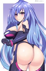 Rule 34 | 1girl, absurdres, ass, bare shoulders, blush, breasts, choujigen game neptune, come hither, compile heart, elbow gloves, from behind, gloves, highres, huge ass, iris heart, kami jigen game neptune v, large breasts, long hair, looking at viewer, neptune (series), purple eyes, purple hair, sideboob, smile, solo, stiris rangetsu, thighhighs, thong, very long hair