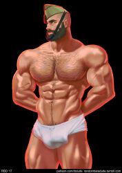 Rule 34 | 1boy, abs, arms behind back, bad id, bad tumblr id, bara, beard, black background, black hair, briefs, bulge, buzz cut, chest hair, closed mouth, cowboy shot, dark-skinned male, dark skin, erection, erection under clothes, facial hair, hat, large pectorals, looking up, male focus, male pubic hair, male underwear, mature male, military hat, muscular, muscular male, mustache, navel, navel hair, original, pectorals, pubic hair, pubic hair peek, randombaradude, short hair, simple background, solo, thick beard, thick eyebrows, thick thighs, thighs, underwear, underwear only, veins, veiny arms, very short hair, white male underwear