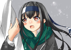 Rule 34 | 1girl, 1other, arm hug, black hair, blazer, blue headband, brown eyes, commentary request, green scarf, hatsushimo (kancolle), headband, jacket, kantai collection, long hair, mayura (lucadia), one-hour drawing challenge, scarf, school uniform, smile, snow, upper body