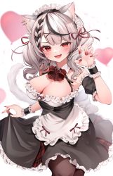 Rule 34 | 1girl, :d, absurdres, animal ears, black hair, bow, bowtie, breasts, cat ears, cleavage, corset, detached sleeves, ear piercing, frilled shirt, frilled skirt, frilled sleeves, frills, hair ornament, highres, hololive, large breasts, maid headdress, multicolored hair, nail polish, namagome negi, open mouth, pantyhose, piercing, red bow, red bowtie, red eyes, sakamata chloe, shirt, short sleeves, silver hair, skirt, smile, smug, solo, streaked hair, virtual youtuber, wrist cuffs, x hair ornament