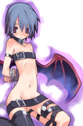 Rule 34 | 1girl, asymmetrical clothes, bat wings, bdsm, belt, belt bra, bondage, bound, chain, flat chest, jpeg artifacts, leather, lilith aensland, mitsuki mouse, single thighhigh, solo, thighhighs, vampire (game), wings