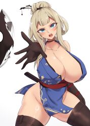 Rule 34 | 1girl, angry, attack, black gloves, black thighhighs, blonde hair, blue eyes, blue kimono, breasts, cleavage, collarbone, fighting stance, gloves, japanese clothes, kimono, kunoichi, large breasts, long hair, looking at viewer, mistynight, ninja, obi, open mouth, original, red obi, revealing clothes, sash, short kimono, shuriken, simple background, sweat, sweatdrop, thighhighs, throwing, weapon, white background