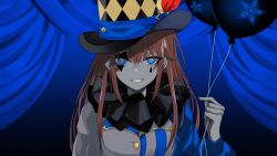 Rule 34 | 1girl, absurdres, asymmetrical sleeves, balloon, blue curtain, blue eyes, blue theme, brown hair, clown, colored skin, commentary request, curtains, envy baby (vocaloid), grey skin, hat, hat ornament, highres, holding, holding balloon, hololive, long hair, long sleeves, looking at viewer, mismatched sleeves, neck ruff, official art, puffy long sleeves, puffy sleeves, shirokumo 46, solo, stage, stage curtains, star (symbol), star hat ornament, teardrop facial mark, teeth, tokino sora, top hat, virtual youtuber, vocaloid
