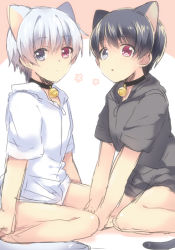 Rule 34 | 2boys, animal ears, bare legs, barefoot, bell, black collar, black hair, black vs white, cat boy, cat ears, cat tail, collar, commentary request, from side, heart, heart-shaped pupils, heterochromia, himeno345, hood, hood down, kaneki ken, looking at viewer, looking to the side, male focus, multiple boys, neck bell, red eyes, ringed eyes, short sleeves, silver hair, sitting, symbol-shaped pupils, tail, tokyo ghoul