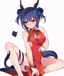 Rule 34 | 1girl, arknights, blue hair, blush, bracelet, breasts, cary, ch&#039;en (ageless afterglow) (arknights), ch&#039;en (arknights), china dress, chinese clothes, cleavage, cleavage cutout, clothing cutout, covered navel, double bun, dragon horns, dragon tail, dress, folded fan, folding fan, hand fan, highres, holding, holding fan, horns, jewelry, medium breasts, official alternate costume, red dress, red eyes, short hair, simple background, sitting, sleeveless, sleeveless dress, solo, spoken blush, tail, torn clothes, torn dress, white background