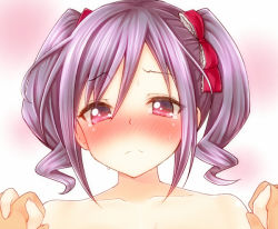 Rule 34 | 10s, 1girl, alternate hair color, blush, hair ribbon, holding hands, idolmaster, idolmaster cinderella girls, imachi (staccato squirrel), kanzaki ranko, purple hair, red eyes, ribbon, solo, solo focus, tears, twintails, upper body