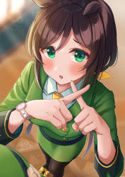 Rule 34 | 1girl, animal ears, black pantyhose, blurry, blurry background, blush, breasts, brown hair, collared shirt, commentary request, depth of field, formal, from above, green eyes, green hat, green jacket, green skirt, hair between eyes, hair ribbon, hat, hayakawa tazuna, highres, horse ears, horse girl, horse tail, indoors, jacket, long hair, long sleeves, looking at viewer, masshirokachi, medium breasts, necktie, pantyhose, parted lips, pencil skirt, ribbon, shirt, skirt, skirt suit, solo, standing, suit, tail, umamusume, unworn hat, unworn headwear, very long hair, white shirt, yellow necktie, yellow ribbon