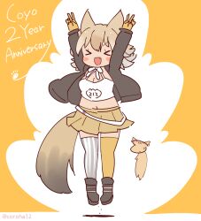 Rule 34 | 1girl, animal ears, blonde hair, boots, camisole, coroha, coyopotato, coyote (kemono friends), extra ears, fang, full body, gloves, jacket, jumping, kemono friends, kemono friends v project, kneehighs, looking at viewer, orange background, short hair, simple background, skirt, socks, tail, v, virtual youtuber, wolf ears, wolf girl, wolf tail