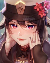 Rule 34 | 1girl, :d, black nails, blush, brown hair, closed mouth, flower, genshin impact, hair between eyes, hat, hat flower, highres, hu tao (genshin impact), jewelry, long hair, long sleeves, mavoly, nail polish, open mouth, portrait, red eyes, red flower, ring, signature, smile, watermark, web address