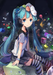 Rule 34 | 1girl, aqua hair, bad id, bad pixiv id, beamed quavers, blue eyes, bracelet, candy, flower, food, fox mask, hair flower, hair ornament, hatsune miku, headset, highres, jewelry, lollipop, long hair, mask, md5 mismatch, musical note, quaver, school uniform, serafuku, sitting, skirt, solo, striped clothes, striped thighhighs, thighhighs, treble clef, twintails, vocaloid, zzzzxxx2010nian