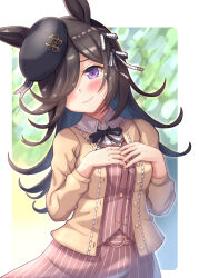 Rule 34 | 1girl, absurdres, alternate costume, animal ears, black bow, black hair, black hat, blurry, blurry background, blush, border, bow, breasts, casual, closed mouth, collared shirt, commentary request, hair ornament, hair over one eye, hat, hat ornament, highres, horse ears, horse girl, looking at viewer, partial commentary, purple eyes, rice shower (umamusume), rio (lio yuzu), shirt, simple background, small breasts, smile, solo, tilted headwear, umamusume, white border
