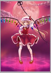 Rule 34 | 1girl, arm up, blonde hair, clothes lift, embodiment of scarlet devil, female focus, flandre scarlet, framed, frilled skirt, frills, full moon, hand on own hip, hat, hip focus, laevatein, long hair, magic circle, moon, multicolored eyes, pink eyes, red footwear, red moon, shoes, side ponytail, skirt, skirt lift, skirt set, socks, solo, thighhighs, touhou, white socks, wings, xingyueyaoshi