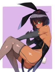 Rule 34 | 1girl, absurdres, alternate costume, animal ears, black dress, black hair, blush, bob cut, border, breasts, closed mouth, commentary, dark-skinned female, dark skin, dress, elbow gloves, fake animal ears, fake tail, from above, garter straps, girls und panzer, gloves, green eyes, grey gloves, grey thighhighs, highres, hoshino (girls und panzer), kshimu, leotard, light frown, looking at viewer, lying, medium breasts, medium dress, on side, outside border, panties, pelvic curtain, playboy bunny, purple background, rabbit ears, rabbit tail, short hair, simple background, solo, string panties, tail, thighhighs, underwear, white background, white border, white panties
