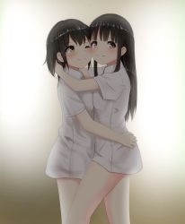 Rule 34 | 2girls, ;), arms around neck, bad id, bad pixiv id, black hair, blunt bangs, blush, breasts, cheek-to-cheek, collared shirt, from side, gradient background, heads together, highres, hime cut, hug, long hair, looking at another, looking away, looking to the side, minagiku, multiple girls, naked shirt, one eye closed, original, pink eyes, sepia background, shirt, short sleeves, sidelocks, smile, white shirt, yellow eyes, yuri