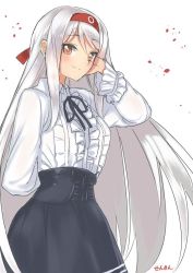 Rule 34 | 10s, 1girl, adjusting hair, arm behind back, artist name, brown eyes, commentary request, dress, hairband, kantai collection, long hair, looking at viewer, meme attire, sensen, shoukaku (kancolle), simple background, smile, solo, very long hair, virgin killer outfit, white background, white hair