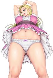 Rule 34 | 1girl, arms up, blonde hair, blue eyes, blush, breasts, commentary request, dress, feet out of frame, from below, gluteal fold, highres, large breasts, long hair, looking away, looking to the side, navel, one eye closed, open mouth, original, orizen, panties, pink dress, short sleeves, simple background, solo, thick thighs, thighs, underwear, white background, white dress, white panties