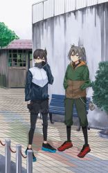 Rule 34 | 2girls, alternate costume, bench, black pants, black shorts, brown eyes, brown hair, commentary request, full body, green pants, grey hair, hands in pockets, highres, house, kaga (kancolle), kantai collection, long hair, looking at viewer, multicolored jacket, multiple girls, pants, pants under shorts, railing, samonasu17, shorts, side ponytail, standing, twintails, two-tone jacket, zuikaku (kancolle)