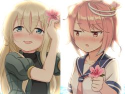 Rule 34 | 10s, 2girls, ahoge, arms up, bad id, bad pixiv id, blonde hair, blush, commentary request, crying, crying with eyes open, engiyoshi, flower, hair between eyes, hair flower, hair ornament, happy, happy tears, i-58 (kancolle), kantai collection, long hair, looking away, military, military uniform, multiple girls, nose blush, open mouth, pink hair, puffy short sleeves, puffy sleeves, school uniform, serafuku, short hair, short sleeves, smile, tears, u-511 (kancolle), uniform
