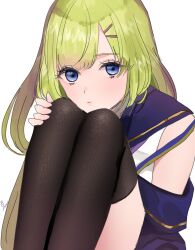 Rule 34 | 1girl, arm at side, artist name, assault lily, black thighhighs, blue eyes, blue jacket, blue sailor collar, closed mouth, green hair, hair ornament, hairclip, hand on own knee, hand up, head on knees, head rest, highres, jacket, kanon mone, kawabata hotaru, knees up, legs together, long hair, looking at viewer, odaiba girls high school uniform, off shoulder, sailor collar, school uniform, serafuku, shirt, signature, simple background, sitting, sleeveless, sleeveless shirt, solo, thighhighs, upper body, white background, white shirt