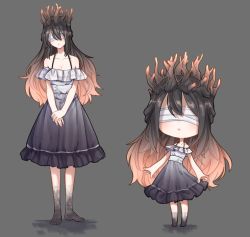 Rule 34 | 1girl, barefoot, black hair, blindfold, chibi, colored skin, commentary, commission, covered eyes, dress, english commentary, facing viewer, gradient dress, gradient hair, gradient skin, grey background, grey dress, grey skin, head tilt, highres, horns, multicolored hair, multiple horns, multiple views, orange hair, original, own hands together, parted lips, popopoka, simple background