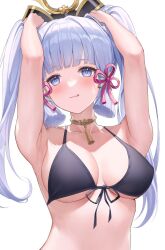 Rule 34 | 1girl, alternate hairstyle, arms up, ayaka (genshin impact), bare shoulders, bikini, black bikini, blue eyes, blunt bangs, blush, breasts, collarbone, commentary, front-tie bikini top, front-tie top, genshin impact, hair ornament, hair ribbon, highres, large breasts, licking lips, long hair, looking at viewer, lunacle, mole, mole under eye, ribbon, simple background, solo, swimsuit, tassel, tongue, tongue out, tress ribbon, twintails, underboob, upper body, white background