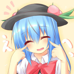 Rule 34 | 1girl, ^ ^, blue hair, bow, closed eyes, closed eyes, female focus, food, fruit, hat, highres, hinanawi tenshi, long hair, open mouth, peach, pointing, pointing at self, smile, solo, touhou, upper body, wakagi repa