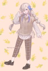 Rule 34 | 1girl, absurdres, akira (colon radio), alternate costume, aran sweater, black footwear, blue eyes, blue flower, blue hair, blush, braid, brown pants, cable knit, collared shirt, flower, full body, grey hair, hair flower, hair ornament, hair over one eye, hand up, highres, isekai joucho, kamitsubaki studio, loafers, long hair, long sleeves, looking at viewer, multicolored hair, no socks, open mouth, pants, plaid, plaid pants, shirt, shoes, sleeves past wrists, smile, solo, sweater, sweater vest, twin braids, two-tone hair, virtual youtuber, white shirt
