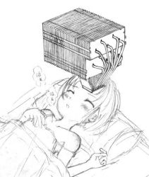 Rule 34 | 1girl, blanket, blush, closed eyes, greyscale, heat sink, monochrome, pillow, simple background, sketch, solo, under covers, what, white background