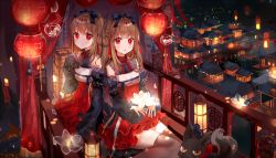Rule 34 | 2girls, :o, animal, architecture, b rock, bad id, bad pixiv id, blush, bow, braid, brown hair, brown legwear, building, cityscape, curtains, detached sleeves, dress, east asian architecture, flower, hair bow, holding, holding flower, lantern, long hair, looking at viewer, multiple girls, night, open mouth, original, outdoors, red eyes, revision, siblings, side-by-side, sitting, sleeves past fingers, sleeves past wrists, smile, thighhighs, twins
